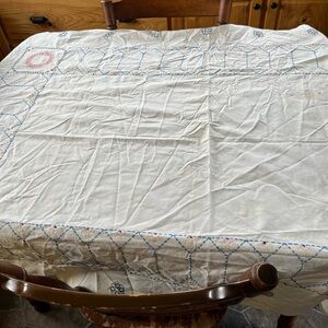 Vintage Embroidered Cream Tablecloth with Blue and Pink Accents